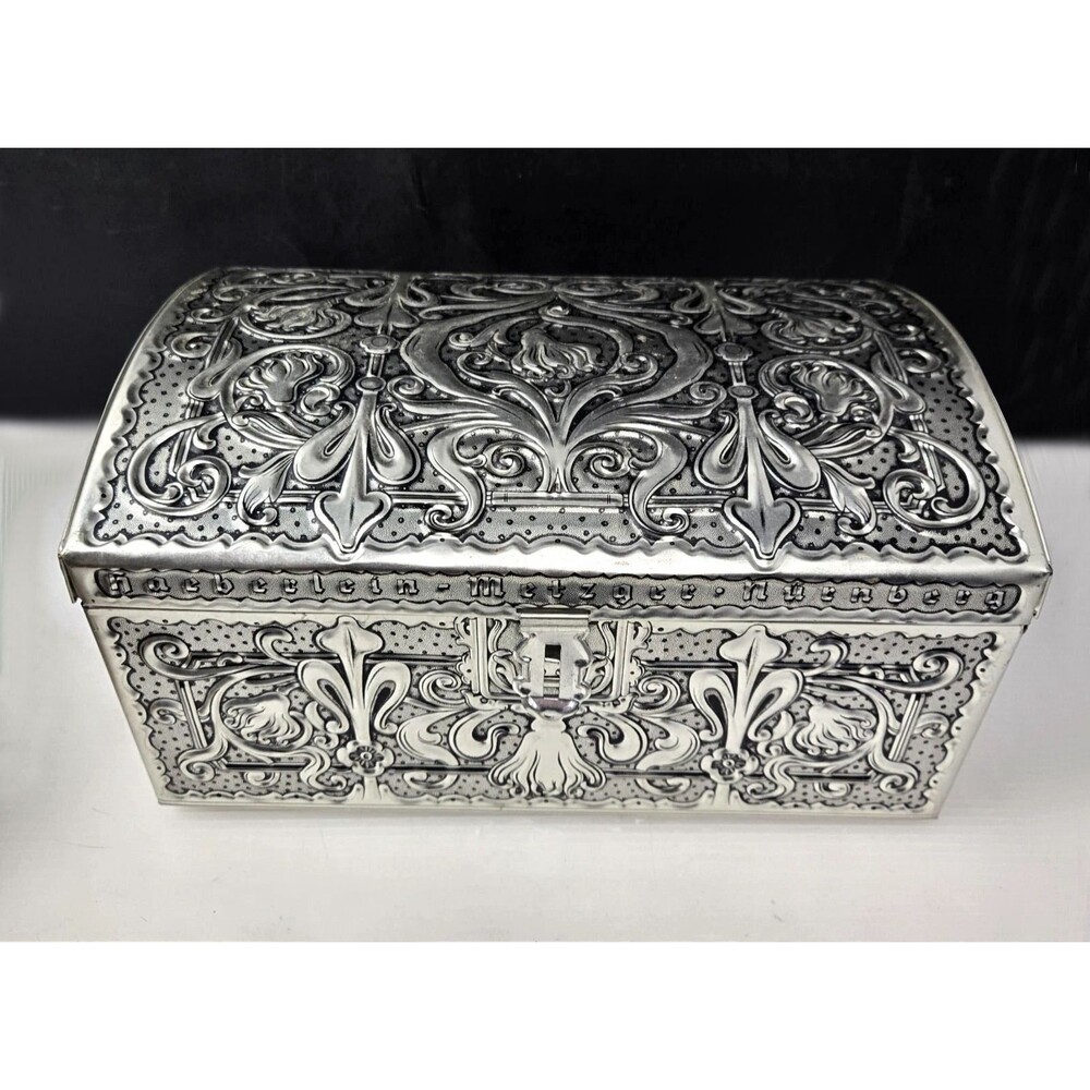 Haeberlein Metzger Silvertone Embossed Cookie Tin Chest Nuremberg Germany Vtg